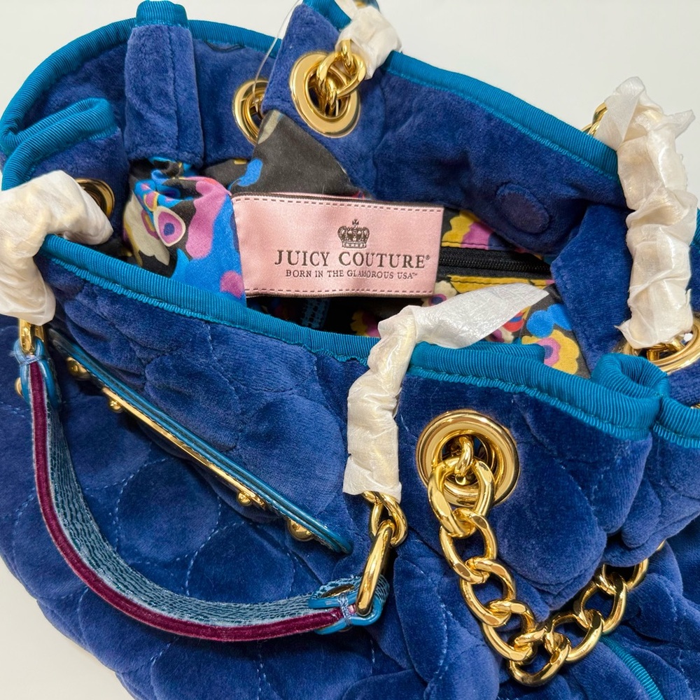 Juicy Couture Y2K Navy Velour Bubble Quilted Satchel Gold Chain NWT - Picture 4 of 12